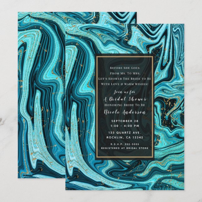 Convite Azul Turquesa e Dourado Chic Swirl Moderno Chá de  (Frente/Verso)