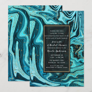 Convite Azul Turquesa e Dourado Chic Swirl Moderno Chá de