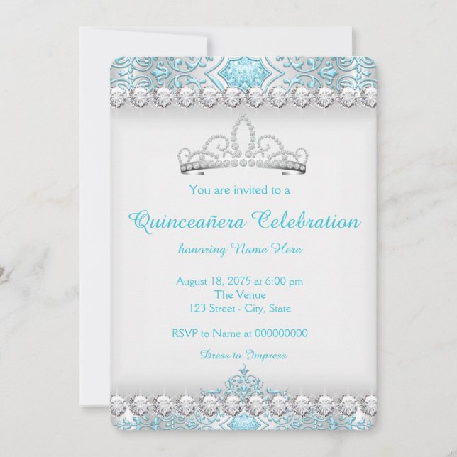 Convite Azul Turquesa e Prata Diamante Princesa Quinceaner (Frente)