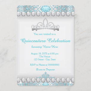 Convite Azul Turquesa e Prata Diamante Princesa Quinceaner