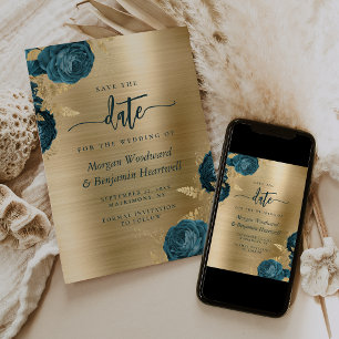Convite Azul Turquesa Floral Dourado Glam Casamento Salve