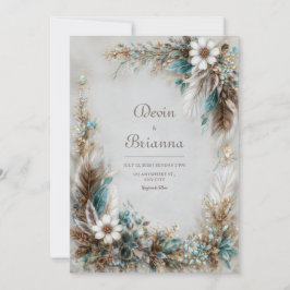 Convite Azul Turquesa Marrom Pena Branco Floral Casamento