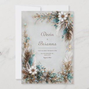 Convite Azul Turquesa Marrom Pena Branco Floral Casamento