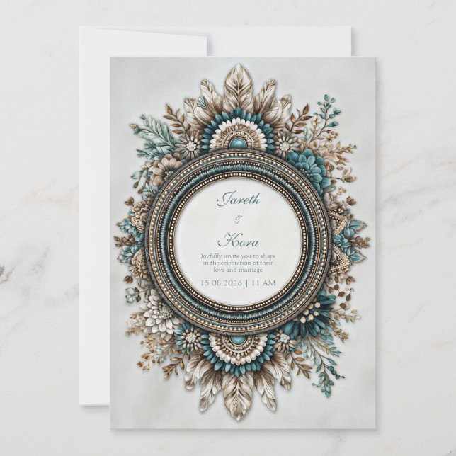 Convite Azul Turquesa Marrom Pena Floral Rústico Casamento (Frente)