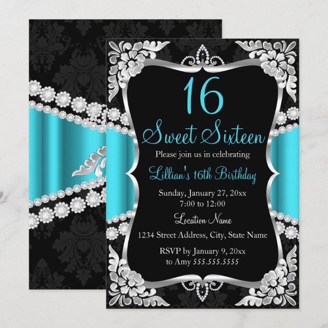 Convite Azul Turquesa Prata Preto Tiara Sweet 16 (Frente/Verso)
