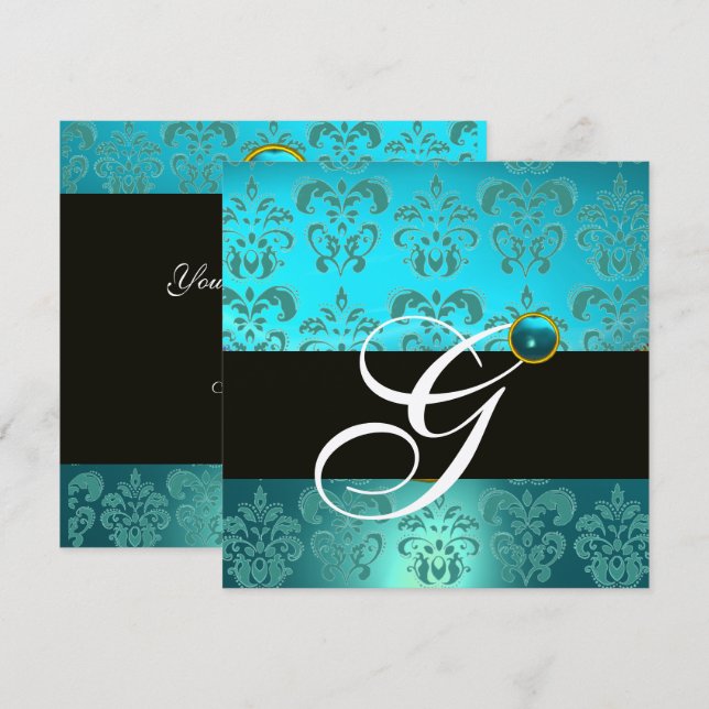 CONVITE AZUL TURQUESA PRETO PRATA DAMASCO MONOGRAMA (Frente/Verso)