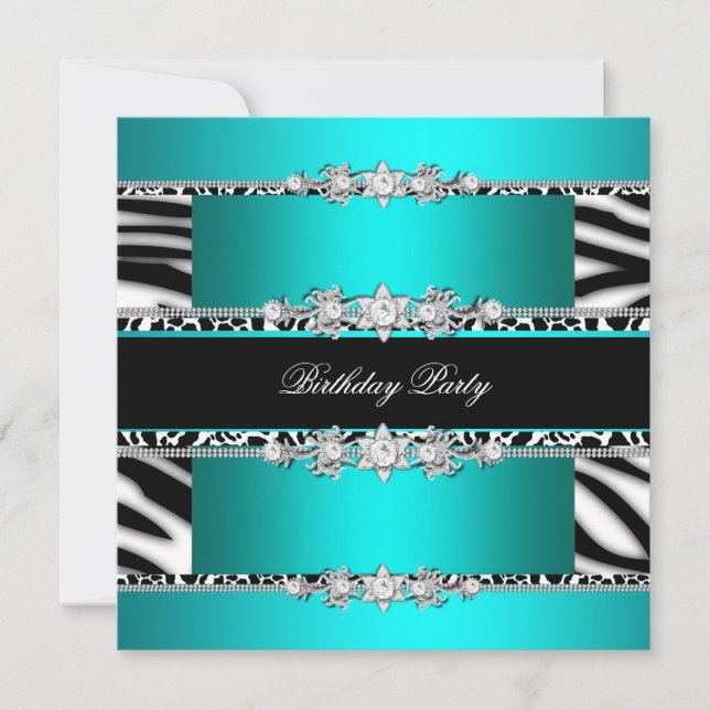 Convite Azul Turquesa Preto Zebra Branco Jóia Festa de Ani (Frente)