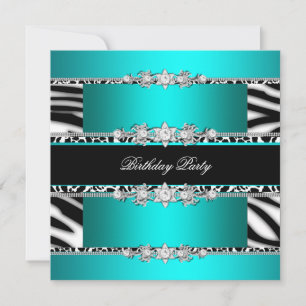Convite Azul Turquesa Preto Zebra Branco Jóia Festa de Ani