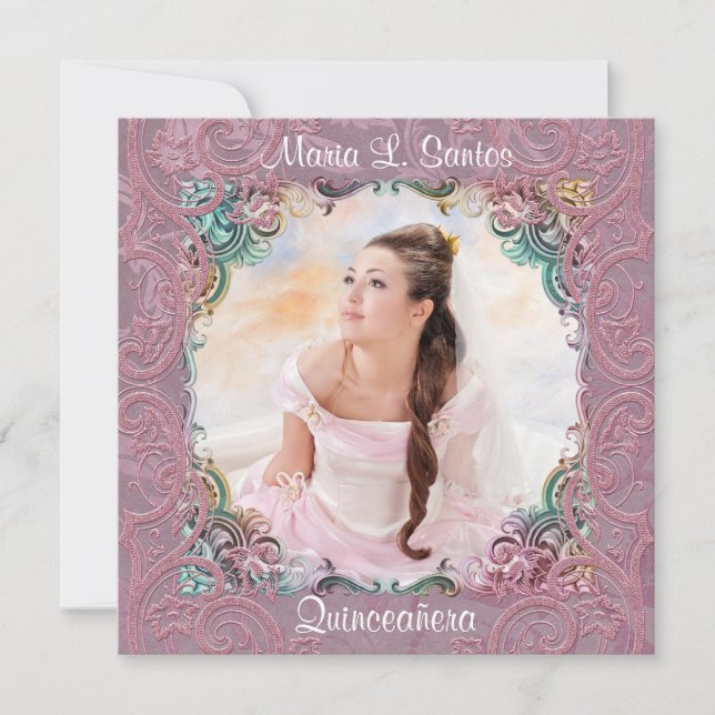 Convite Azul Turquesa Rosa Imagem Quinceanera (Frente)