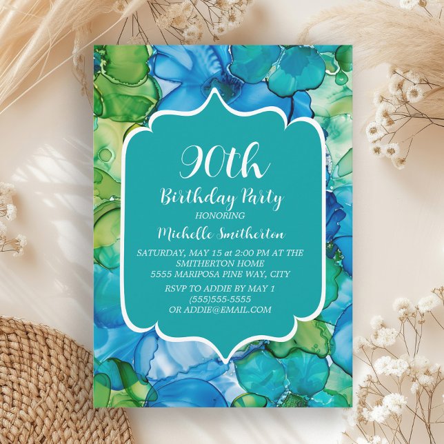 Convite Azul verde 90 de aquarela verde (Blue and green alcohol ink 90th birthday party invitation)