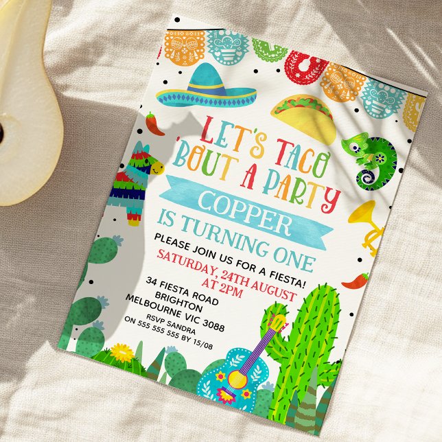 Convite Azul Verde Azul Sobre Um primeiro aniversario De F (Boys Fiesta Taco Bout a Party Boy Birthday Invitation, Fiesta Birthday Invite, Mexican Fiesta Invite)