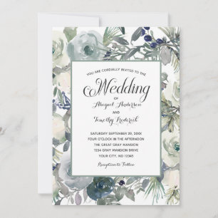 Convite Azul Verde Branco Floral Elegante Formal Casamento