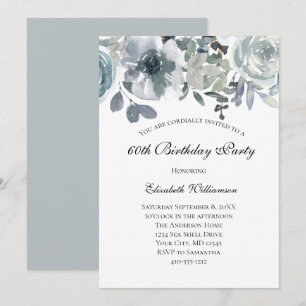 Convite Azul Verde Cinza Floral Aquarela Aniversário Para