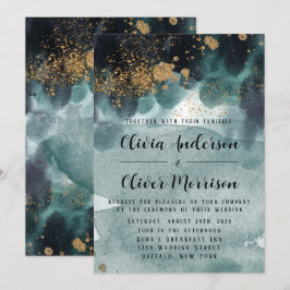 Convite Azul Verde Dourado Aquarela Agate Beach Weding Inv