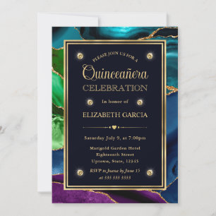 Convite Azul, Verde e Dourado Brilho Ágata Quinceanera