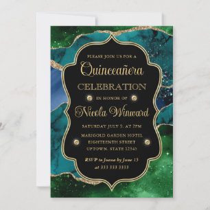 Convite Azul, Verde e Dourado Brilho Ágata Quinceanera