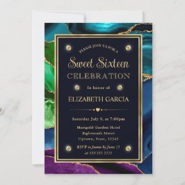 Convite Azul, Verde e Dourado Brilho Ágata Sweet Sixteen