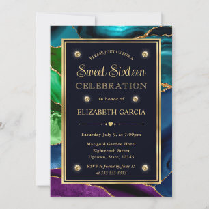 Convite Azul, Verde e Dourado Brilho Ágata Sweet Sixteen