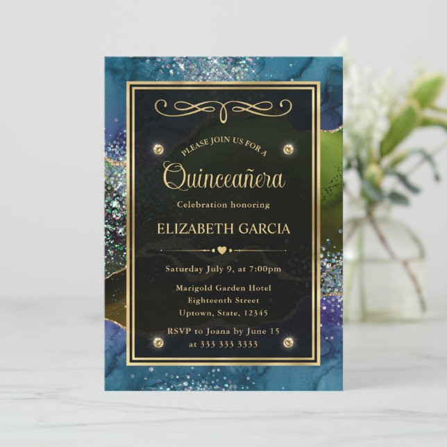 Convite Azul, Verde e Dourado Glitter Agate Quinceanera (Em pé/Frente)