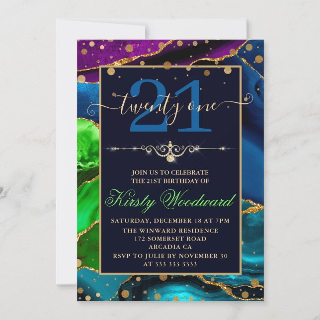Convite Azul Verde e Roxo e Dourado Brilho Ágata Aniversár (Frente)