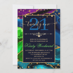 Convite Azul Verde e Roxo e Dourado Brilho Ágata Aniversár