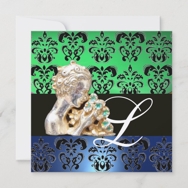 CONVITE AZUL VERDE, PRETO, MONOGRAMA DE JEWEL BRANCO (Frente)