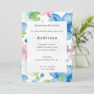 Convite Azul verde-rosa-chic Aniversário floral