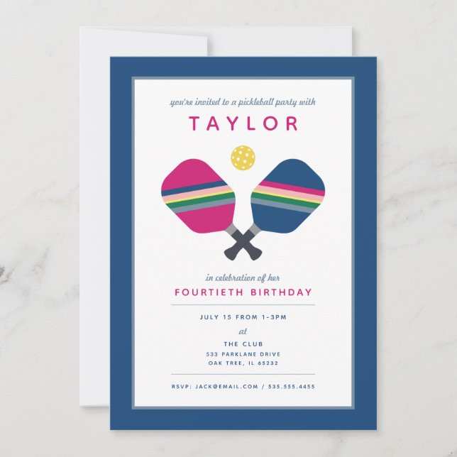 Convite Azul Verde Rosa para Festa de Pickleball E (Frente)