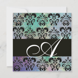 Convite AZUL VERDE TEAL PRETO DAMASCO MONOGRAMA, branco