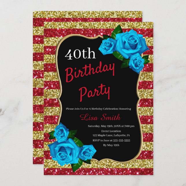 Convite Azul, Vermelho, Dourado, Glitter, Rosas Azuis (Frente/Verso)