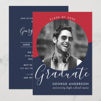 Convite Azul Vermelho Moderno e Elegante Branco | Graduaçã