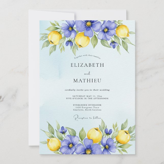 Convite Azul Vinca Vibrante Citrino Casamento (Frente)