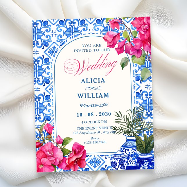 Convite Azulejo artístico azul branco casamento (Criador carregado)