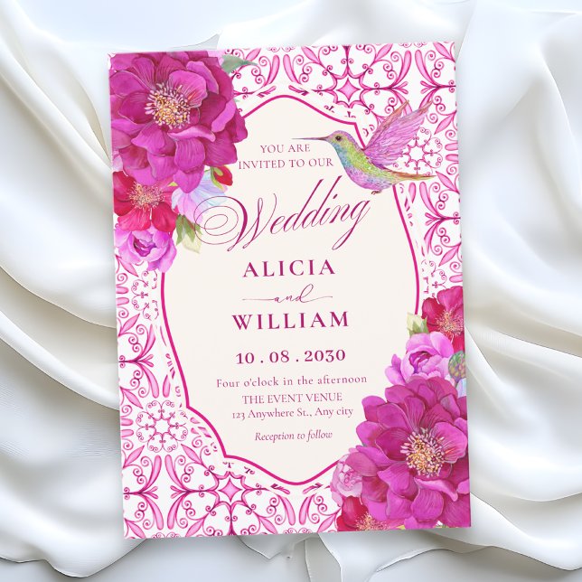 Convite azulejo artístico floral rosa casamento (Criador carregado)