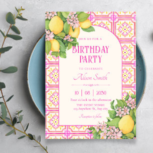 Convite Azulejo artístico rosa floral aniversário