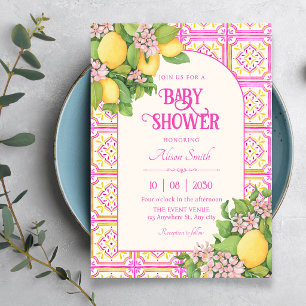 Convite Azulejo artístico rosa floral chá de bebê