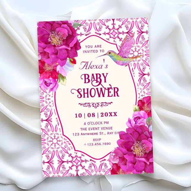 Convite azulejo artístico rosa padrão floral chá de bebê (Criador carregado)