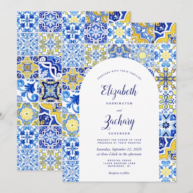 Convite Azulejo Azul Amarelo Rústico Casamento Arco Telha  (Frente/Verso)