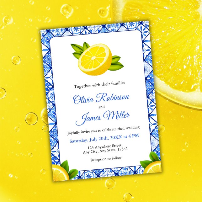 Convite Azulejo Azul Italiano do Mediterrâneo - Casamento  (Mediterranean Italian Blue Tile - Lemon Wedding Invitation )