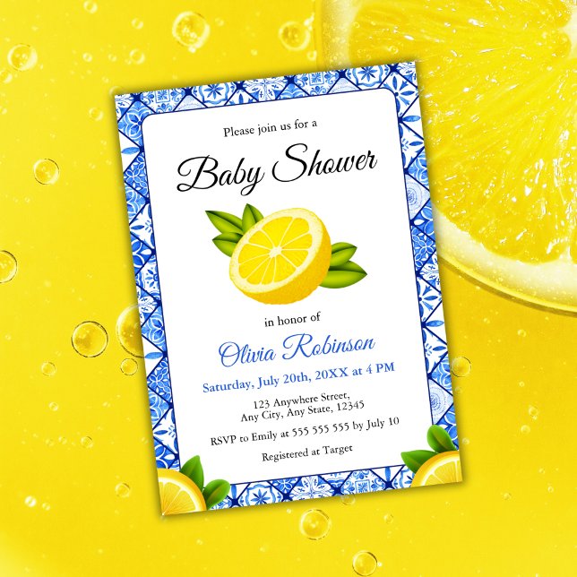 Convite Azulejo Azul Italiano Positano Lemon Chá de fralda (Italian Blue Tile Positano Lemon Baby Shower Invitation )