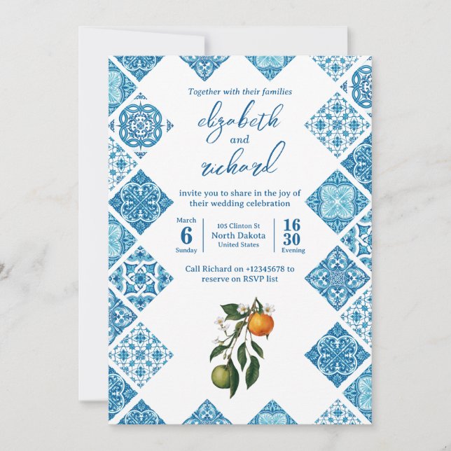 Convite Azulejo Azul Limão Mediterrâneo Moderno Casamento (Frente)