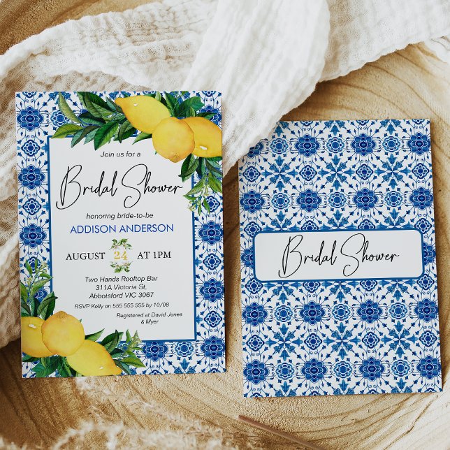 Convite Azulejo Azul Limão-Teto Chá de panela (Mediterranean blue tile, lemons and foliage bridal shower invitation with modern calligraphy heading)