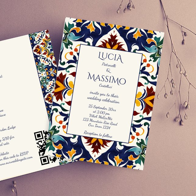 Convite Azulejo azul mediterrânico português tudo em um (Azulejo blue Portuguese Mediterranean Talavera tiles all in one wedding Invitation editable template)