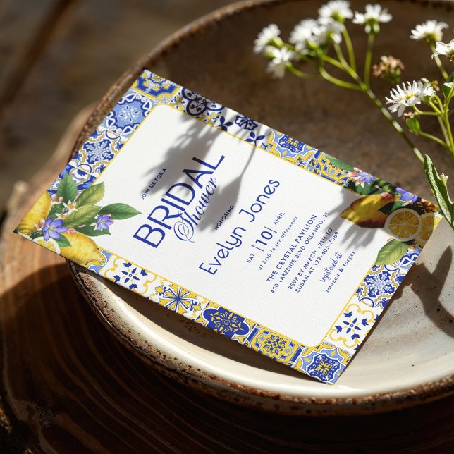 Convite Azulejo azul-mosaico italiano Limões Chá de panela (Criador carregado)