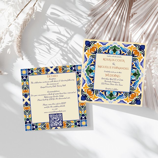 Convite Azulejo azul Talavera azulejo vintage casamento me (Talavera azulejo blue tiles vintage Mexican wedding all in Invitation template with details QR RSVP)