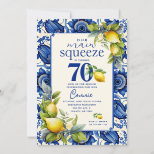 Convite Azulejo Azul Vintage Limão Amarelo 70º Aniversário
