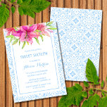 Convite Azulejo Azulejos Lily 16th Birthday<br><div class="desc">Este convite maravilhosamente desenhado apresenta uma ilustração impressionante da cor d'água de uma flor de lírio rosa e um quadro azul de azulejos cerâmicos azulejo. Você pode personalizar facilmente o texto e incluir a idade do celebrante para torná-lo ainda mais personalizado. Compartilhe a alegria com os seus amigos e família...</div>