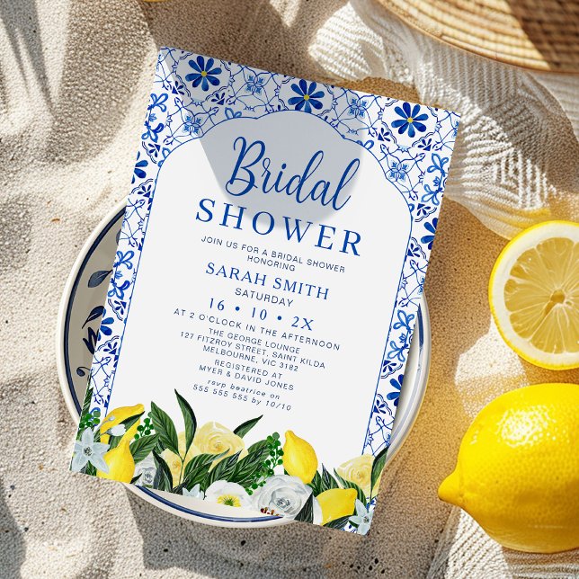 Convite Azulejo Branco Azul Floral Chá de panela Limão (Lemon Positano Bridal Shower Invitation Template, Italian Blue Tile Lemon Bridal Shower Invite, )