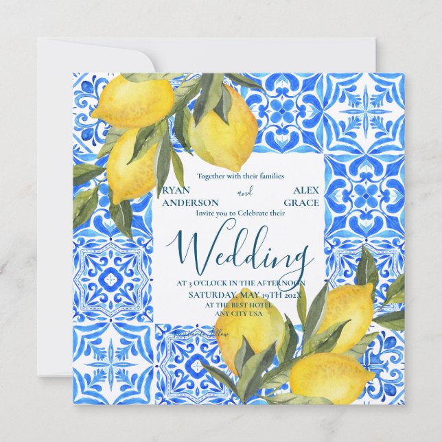 Convite Azulejo de Aquarela italiana com Lemon Wedding (Frente)