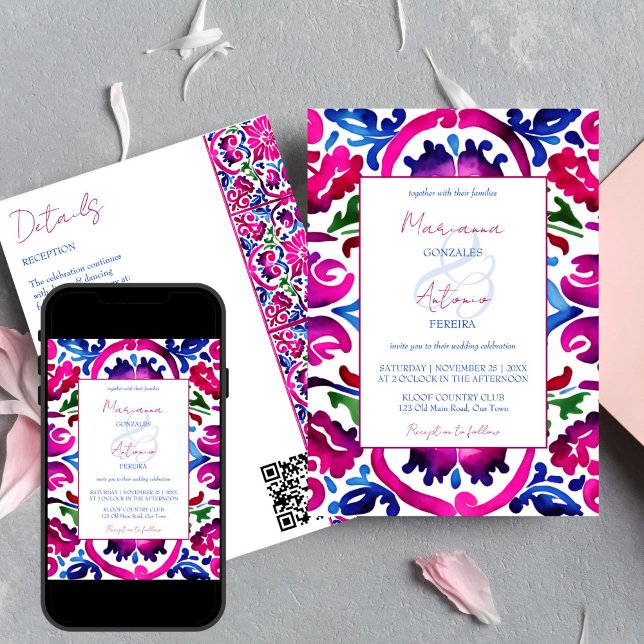 Convite Azulejo de casamento de Talavera mexicana azul ros (Pink blue Mexican Talavera tiles editable wedding template invitation digital download all in one QR)